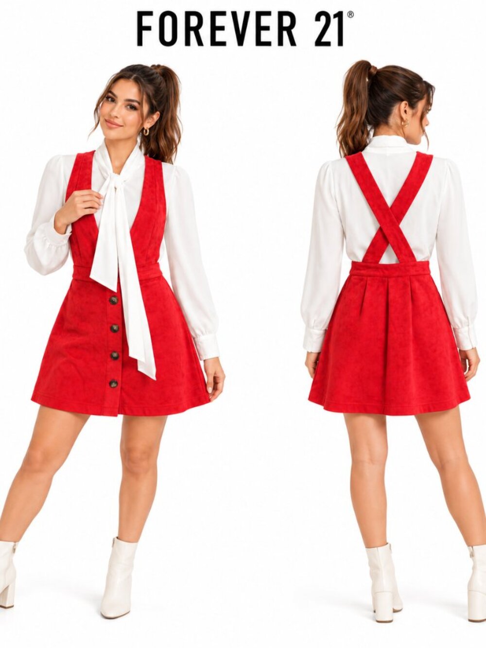 Forever 21 Red Faux Suede Pinafore Dress and White Bow Blouse Set Small